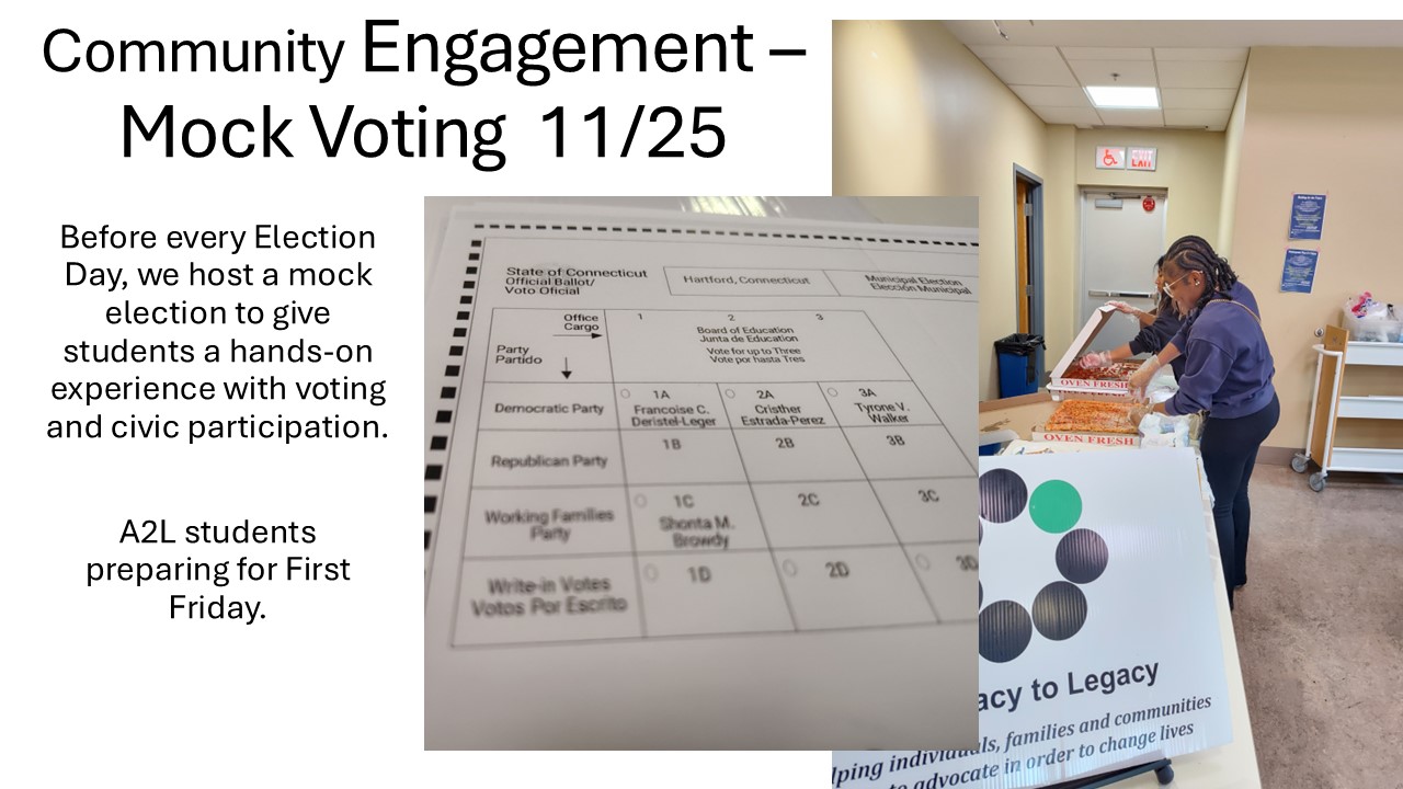 Community Engagement – Mock Voting 11/25 Before every Election Day, we host a mock election to give students a hands-on experience with voting and civic participation.
